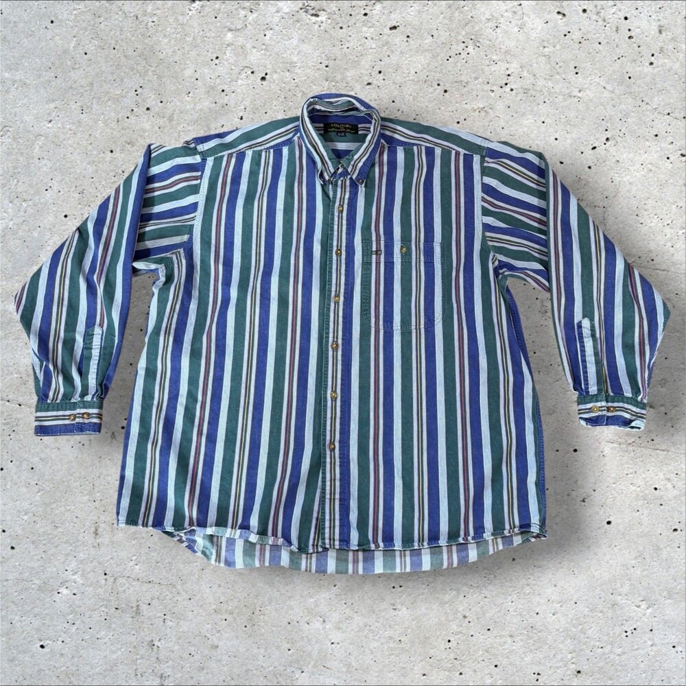 Vintage Colours Alexander Julian Striped Button Down Shirt Mens Large 90s Retro
